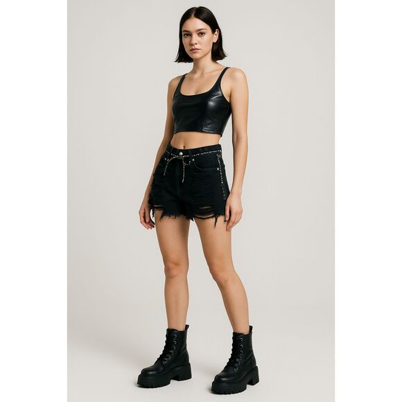 LF The Brand Pants - LF The Brand Black Rebel Distressed Denim Hot Shorts Zip Sides Raw Hem Sz 28 NWT